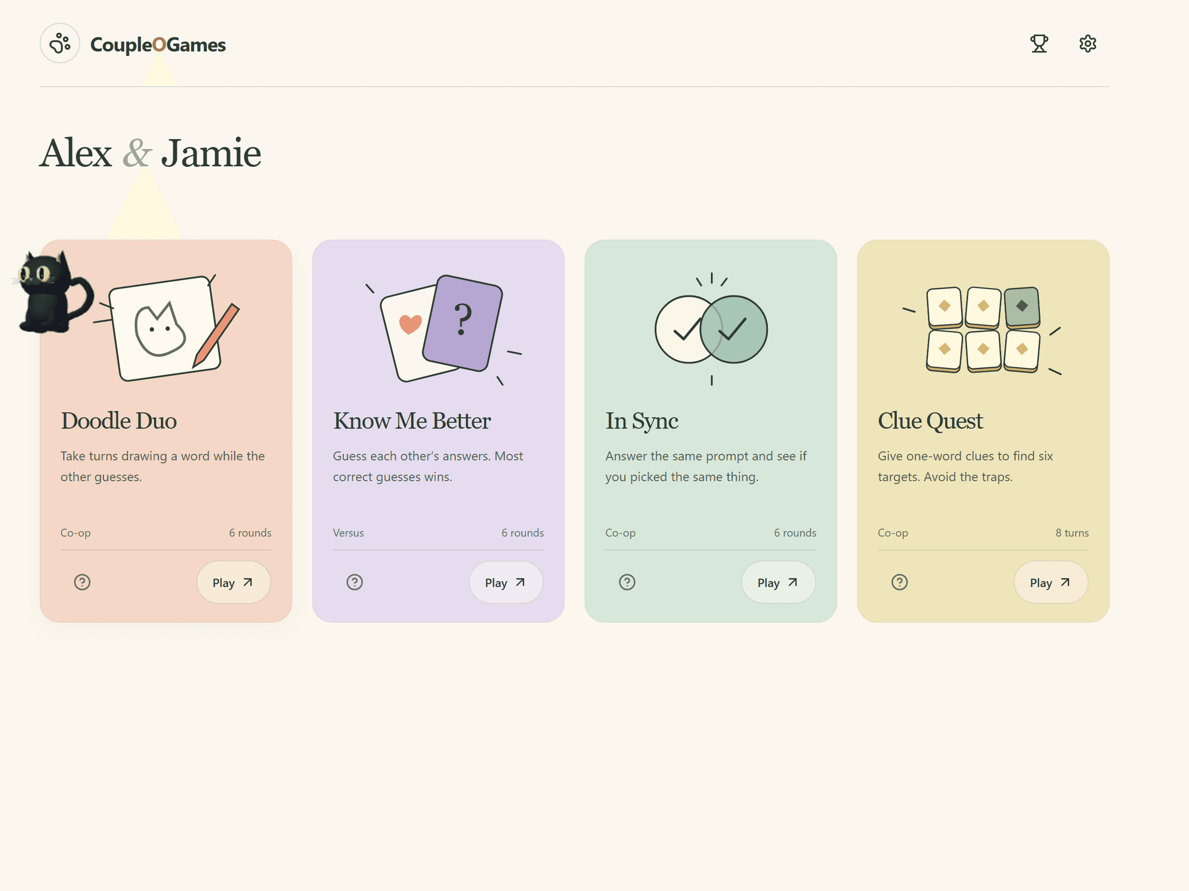 CoupleOGames sample table for Alex and Jamie with four game cards and an animated cat