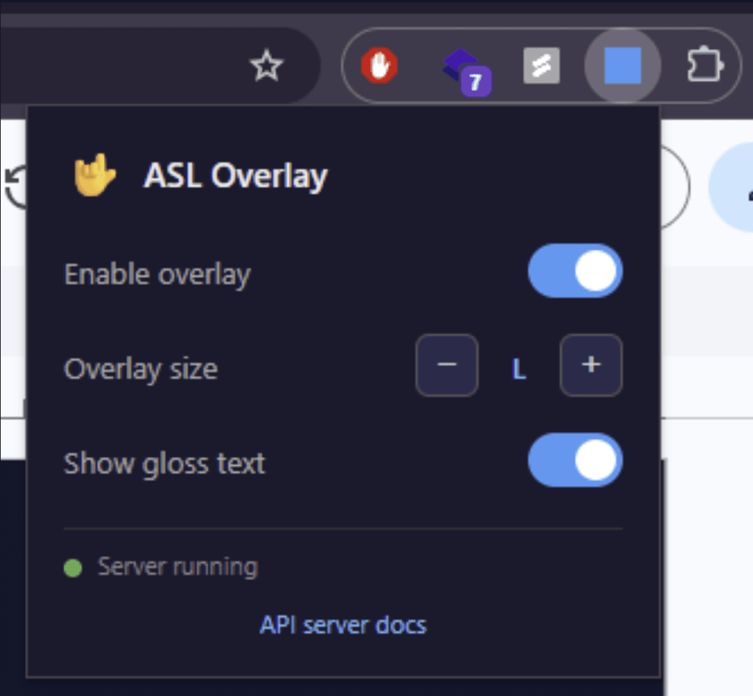 GenASL prototype Chrome extension popup with overlay and gloss controls
