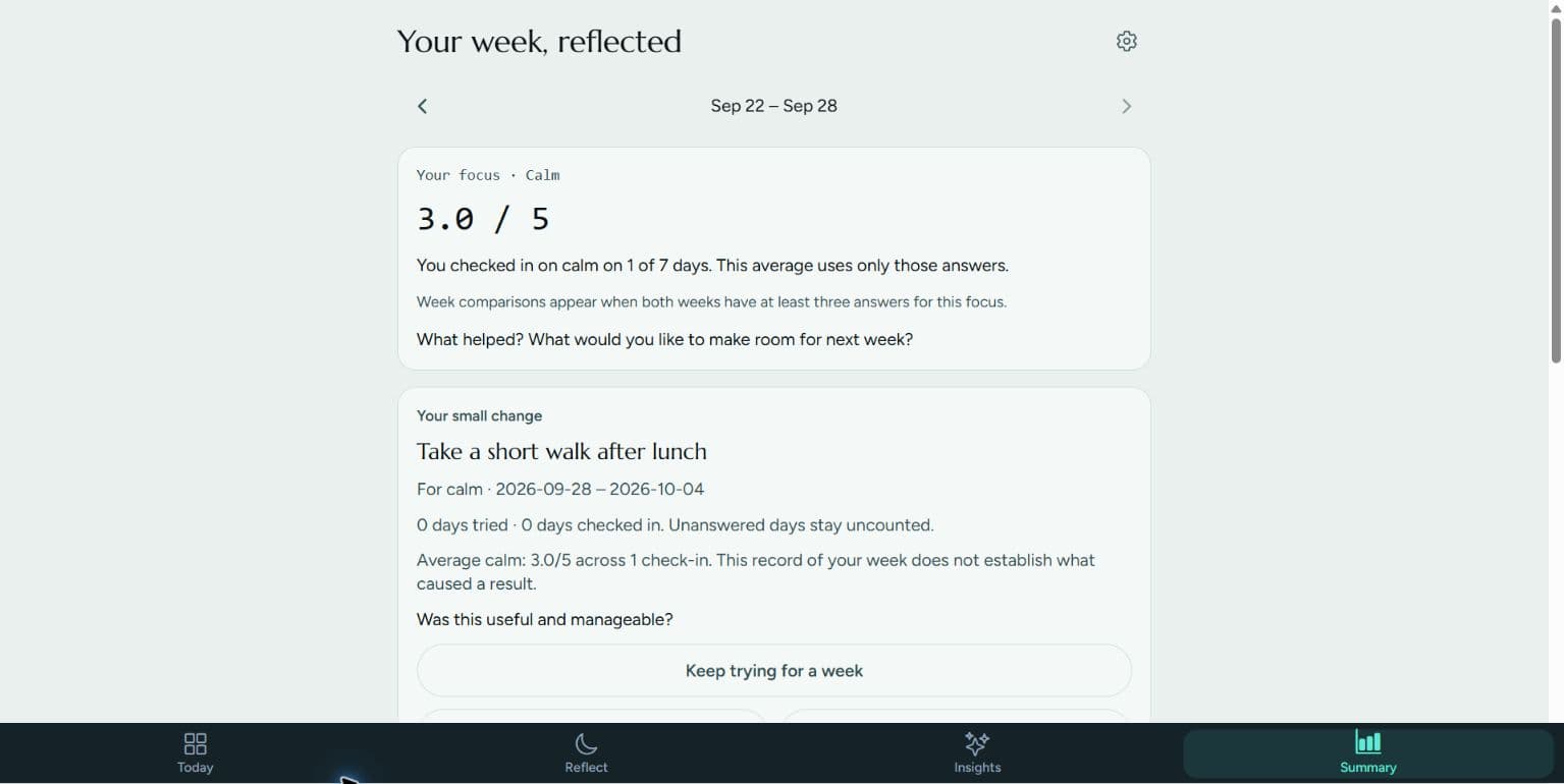 Kalp weekly review showing a focus score, recorded answer count, and a small change to try